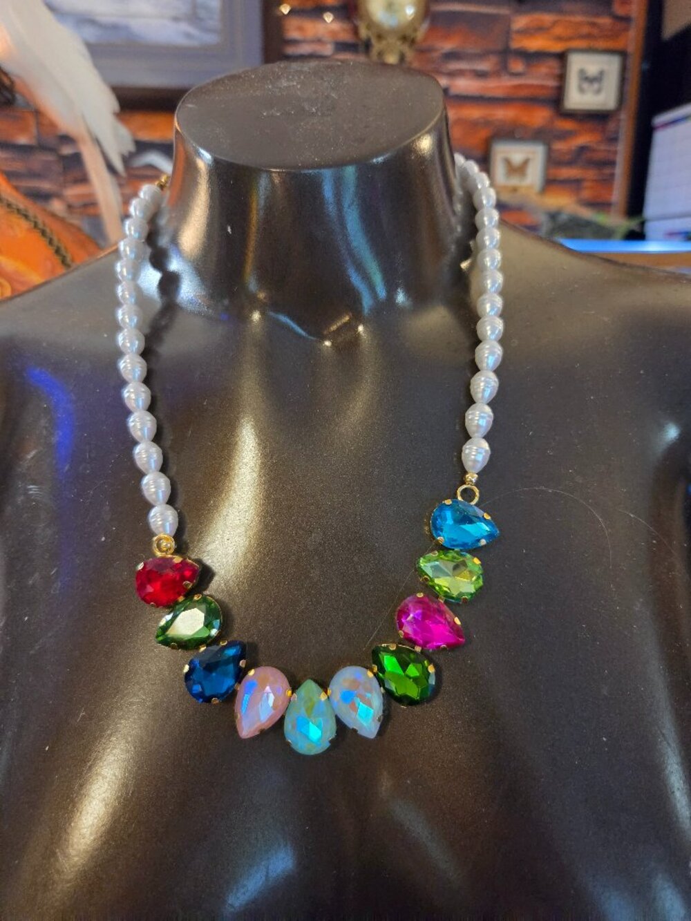 Vintage Pearl Beaded Necklace Multicolor Crystal Teardrop Bracelet Set Magnetic!